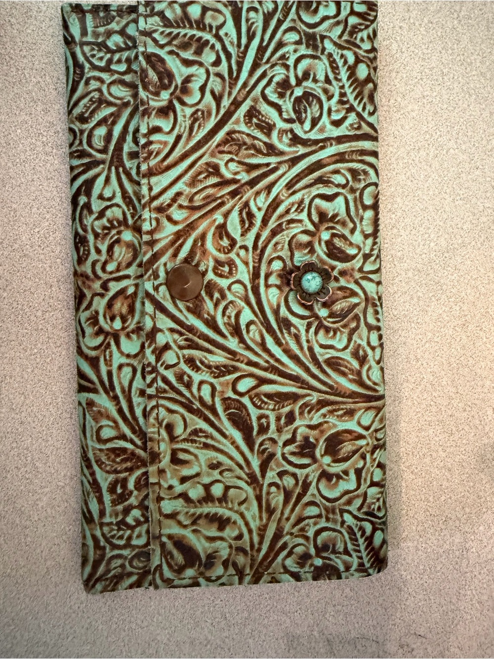 Turquoise and Brown Tooled Floral Clutch Wallet